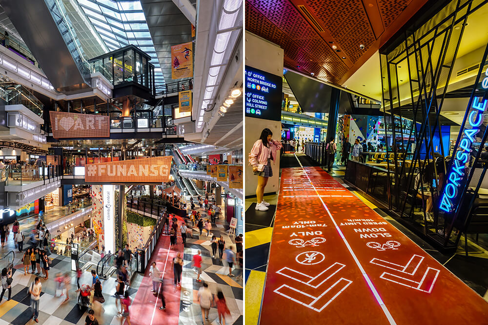 A shot of the indoor cycling path and the rest of  Funan shopping mall following its reopening.